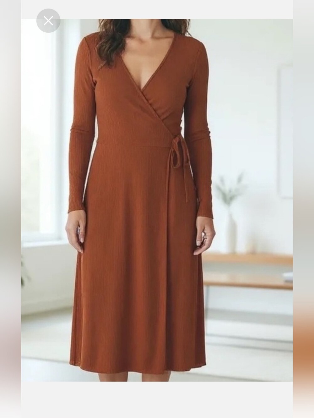 NWT Old Navy Ribbed Knit Rust Brown True Wrap Midi Dress V Neck Long Sleeve